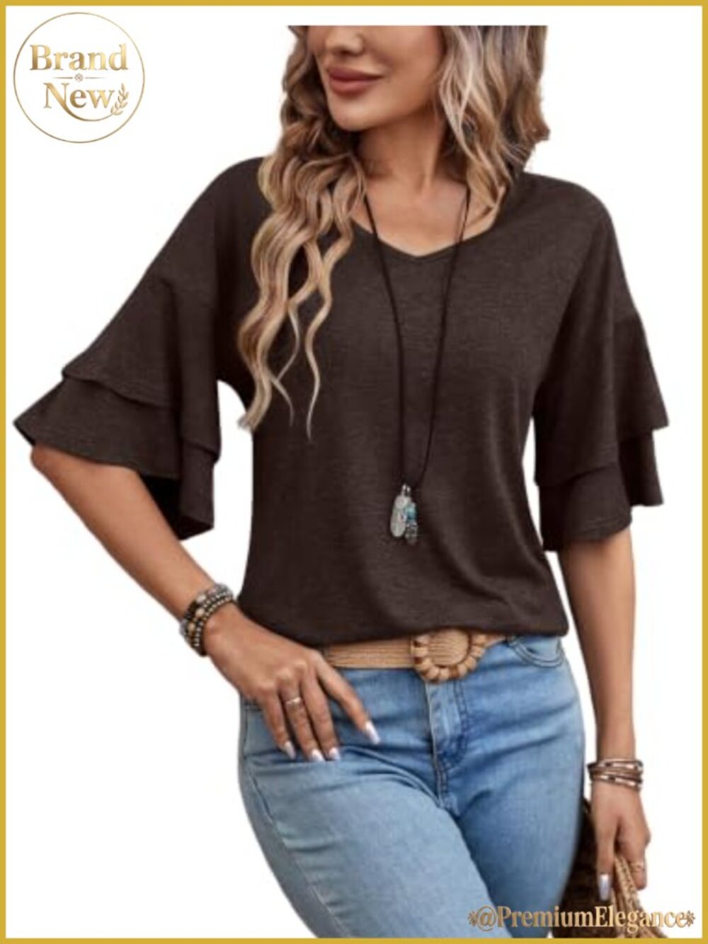 Womens Ruffle V Neck 3/4 Sleeve Tunic Blouse Business Casual Top
